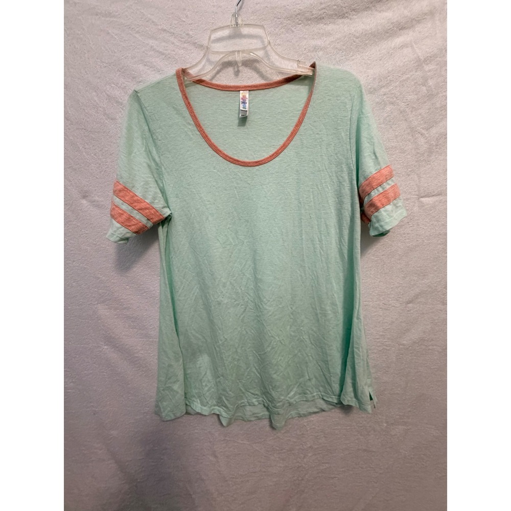 LuLaRoe Randy Tee Mint Green Coral Pink Striped Short Sleeve Baseball Top Size M